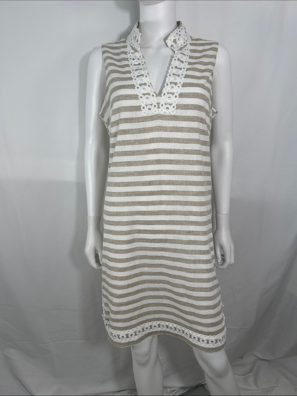 Eliza J Striped Linen Blend Sleeveless Shift Dress Trim Accent Size 10